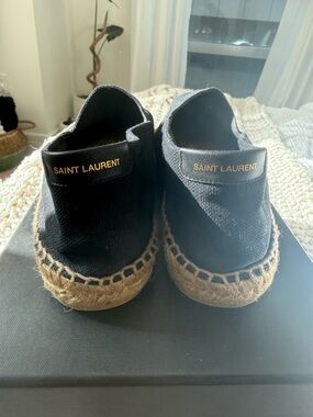 Saint Laurent Black Canvas Espadrille Slip-Ons with Gold Logo